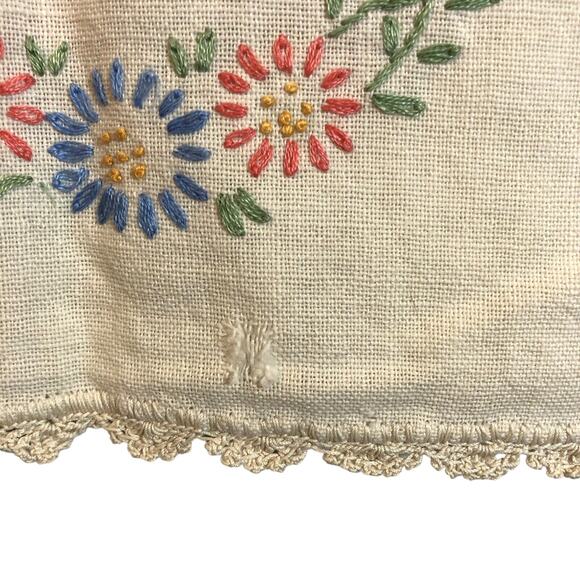 Vintage Small Table Runner Hand Flower Wreath Big Bow Lace Edges 36” x 12” - Picture 3 of 8